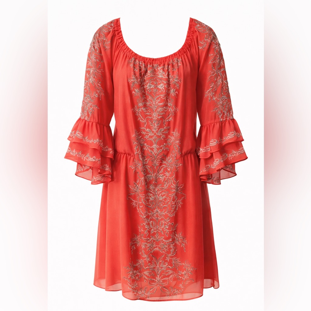 White House Black Market Embroidered Chiffon Ruffle-Sleeve Dress Size L Large
